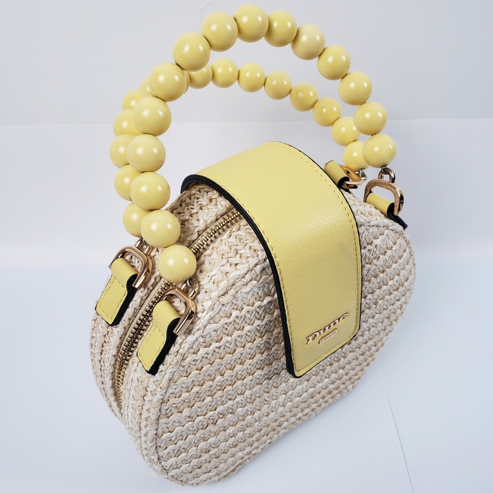 Dune London Beige Yellow Crossbody Bag Snap Zipper Closure Bead Handle No Strap - Picture 2 of 16